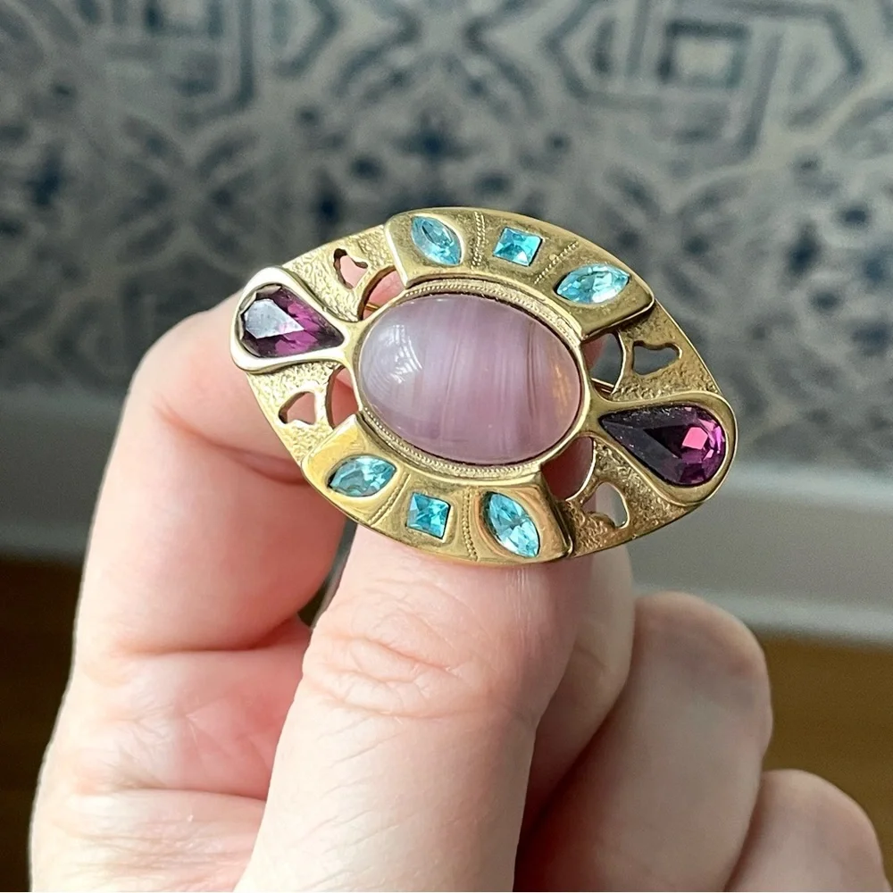 Vintage Gold-tone Brooch with Pink Center and Blue & Purple Accents